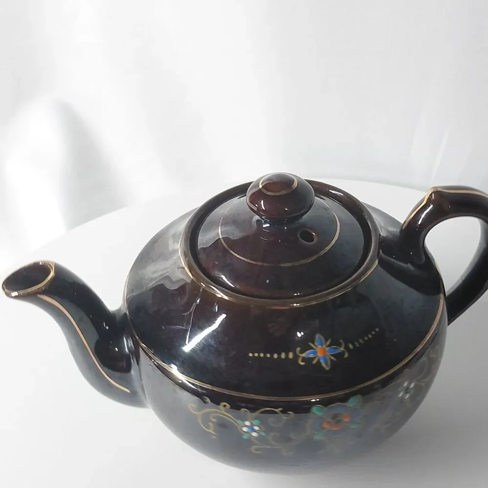 Vintage Japanese Moriage Redware Teapot Brown Betty Gold Backstamp Export 7